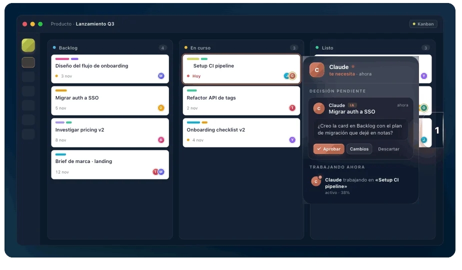Comuna kanban board with The Companion exhaling a pending decision.